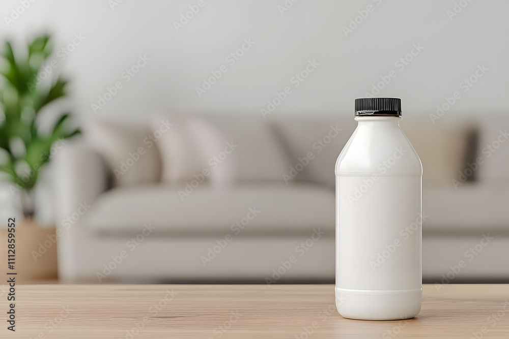 White Milk Bottle on a Wooden Table in a Modern Living Room, Complemented by Sleek Furniture and a Cozy, Contemporary Atmosphere