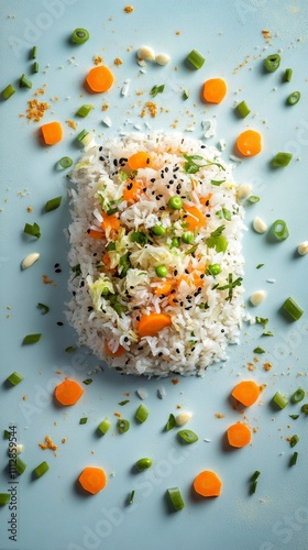 Colorful vegetable rice dish with garnishes set on a blue surface