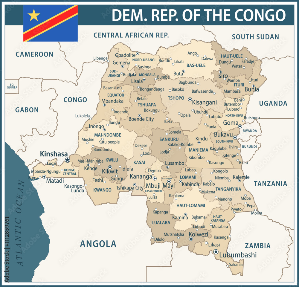 Obraz premium Democratic Republic of the Congo Map Vector Vintage Dark Blue Beige - Customizable layered political map of Democratic Republic of the Congo for website, education, reports, news, politics