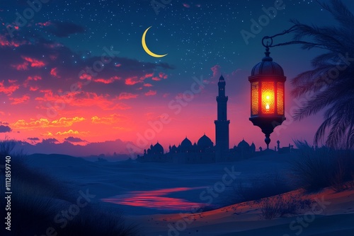 Twilight descends over a desert landscape with a lantern and crescent moon in...