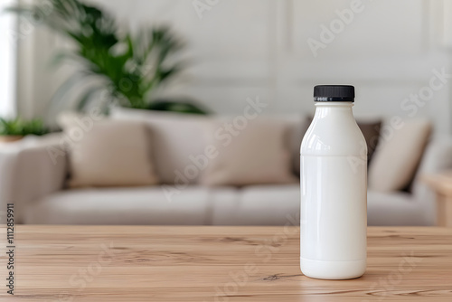 White Milk Bottle on a Wooden Table in a Modern Living Room, Complemented by Sleek Furniture and a Cozy, Contemporary Atmosphere