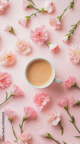 Relaxing coffee moment with pink flowers on a pastel background