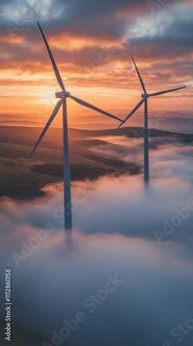 Wind turbines rising above the clouds during sunrise in a serene landscape