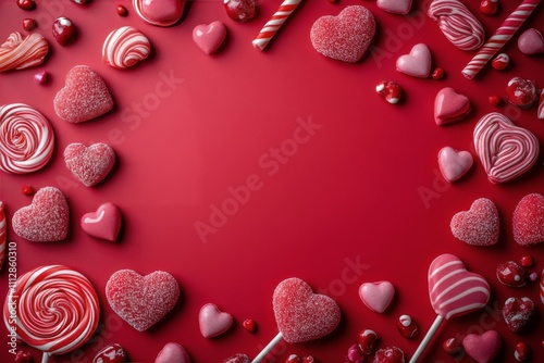 Colorful candy display with heart shaped sweets and lollipops on a vibrant re...