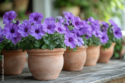 Vibrant purple petunias blooming in terracotta pots on a sunlit wooden table