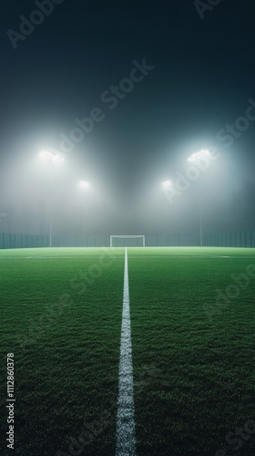 Nighttime soccer field illuminated by floodlights under a hazy sky