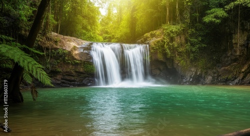 Tranquil waterfall oasis in lush green