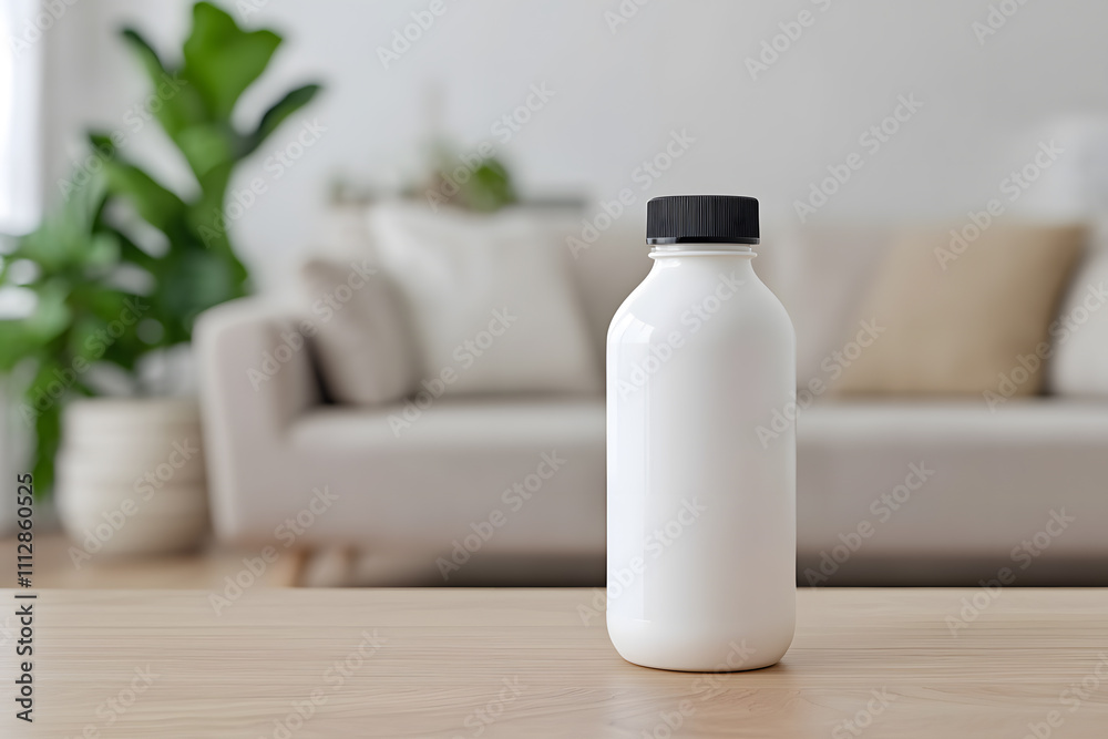 White Milk Bottle on a Wooden Table in a Modern Living Room, Complemented by Sleek Furniture and a Cozy, Contemporary Atmosphere White Milk Bottle on a Wooden Table in a Modern Living Room, Complemented by Sleek Furniture and a Cozy, Contemporary Atmosphere