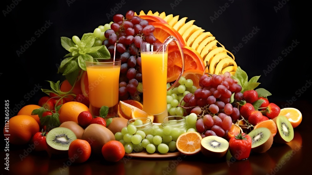 Two glasses of fresh orange juice surrounded by a variety of fresh fruits such as berries, kiwi, pineapple, grapes, strawberries, blueberries, oranges and mangoes for a healthy breakfast.
Two glasses of fresh orange juice surrounded by a variety of fresh fruits such as berries, kiwi, pineapple, grapes, strawberries, blueberries, oranges and mangoes for a healthy breakfast.