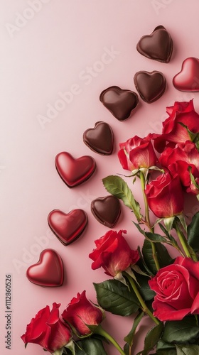 Elegant bouquet of roses with assorted heart shaped chocolates on pink backgr...
