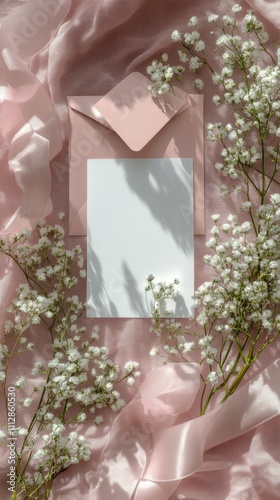 Soft pink background with blank card and delicate flowers for elegant invitat...