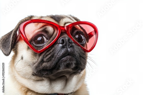 Cute pug wearing red heart shaped glasses in a light colored setting