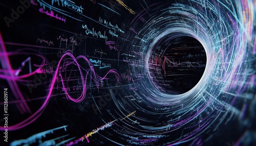 Abstract Scientific Art Featuring 3d Torus Shapes, Physics Equations, And Glitched Geometric Figures On A Black Chalkboard In Vaporwave/Synthwave Style
