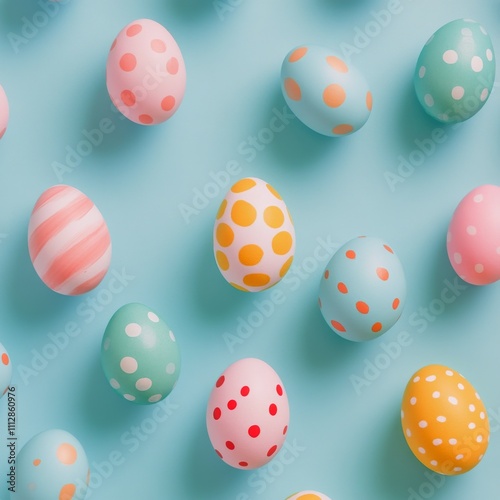 Colorful polka dot eggs arranged on a bright blue background for a festive sp...