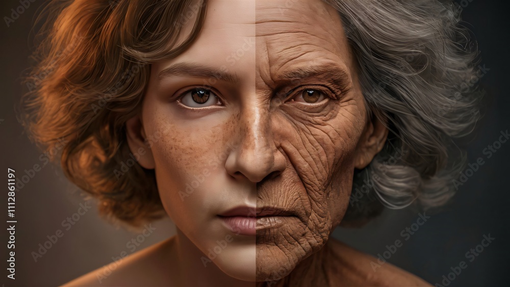 AI Generated Image, Split Face Young and Old Woman Portrait, Aging Process, Time Concept, Beauty, Skincare, Cosmetics AI Generated Image, Split Face Young and Old Woman Portrait, Aging Process, Time Concept, Beauty, Skincare, Cosmetics
