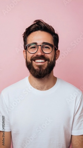 Smiling man poses confidently against a pink background wearing a simple whit...