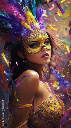 Captivating masked performer in vibrant carnival attire with colorful feather...