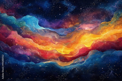 Abstract waves of color resembling a cosmic landscape with vibrant hues and s...