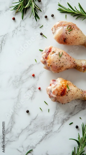 Freshly seasoned chicken drumsticks ready for cooking on a marble countertop