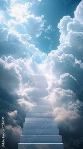 Steps leading to a bright light amidst fluffy clouds in a serene sky