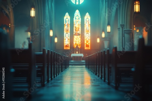 Beautiful interior of a historic church with stained glass windows and wooden...