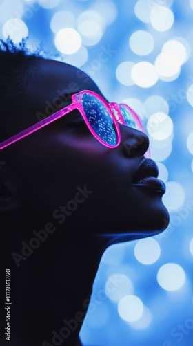Captivating profile silhouette highlighted by neon glasses against a blue bok...