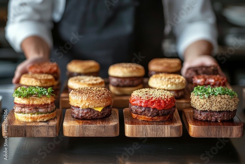 Delicious variety of gourmet burgers served on wooden platters at a trendy ea...