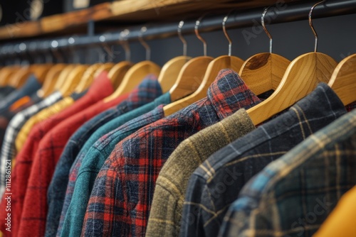 Stylish casual shirts hanging on a wooden rack in a clothing store