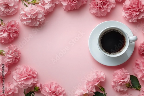Coffee cup surrounded by pink flowers on a soft pink background during the mo...