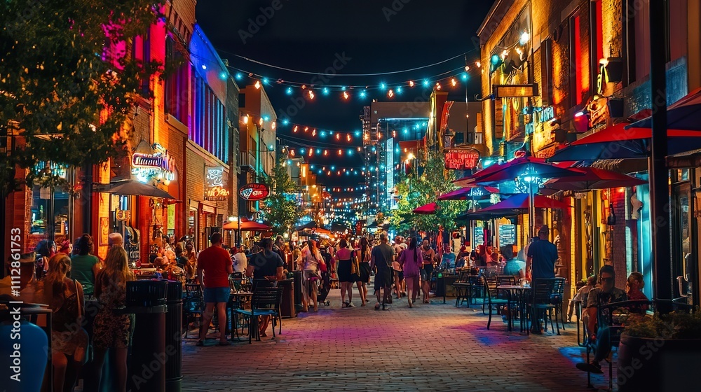 Obraz premium A vibrant nightlife scene in a city, with illuminated streets, lively crowds, and outdoor dining.