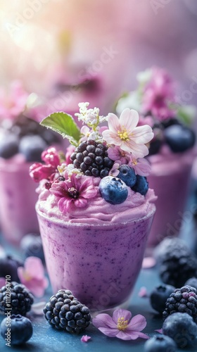 Delicious berry mousse topped with fresh fruits and edible flowers served in ...