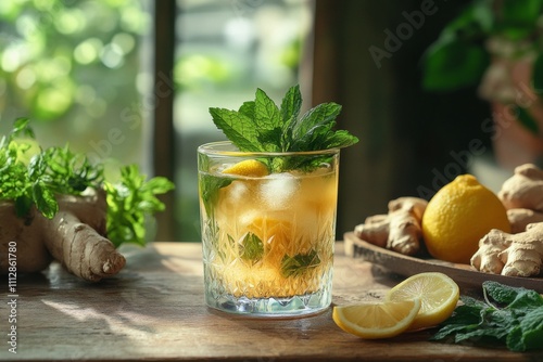 Fresh lemon ginger tea with mint and lemon slices in a glass cup on a wooden ...