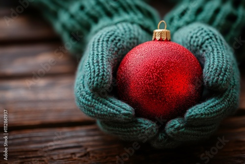 Holiday spirit showcased with hands in green gloves holding a bright red orna...