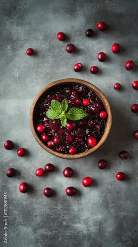 Fresh cranberries in a wooden bowl with mint leaves on a gray background