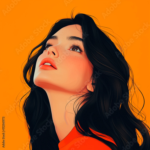 A curious-looking woman in a vector flat art style, tilting her head, with a subtle smile, long dark hair, vibrant orange backdrop photo