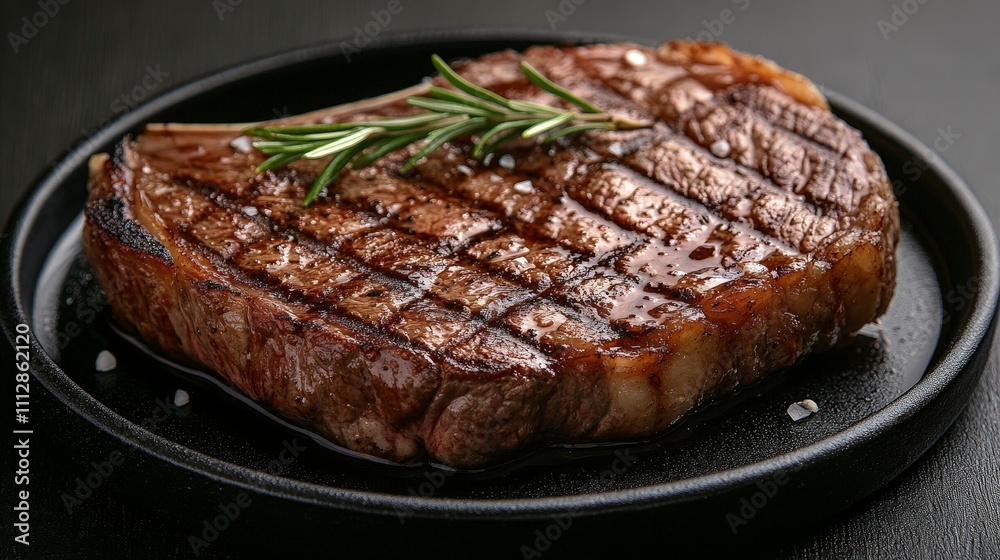A beautifully grilled steak garnished with rosemary, served on a black plate. A beautifully grilled steak garnished with rosemary, served on a black plate.