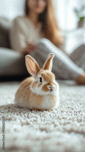 Cute fluffy rabbit resting on carpet while person relaxes in living room