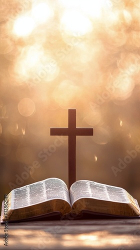 Reflection on faith with an open Bible and a wooden cross in soft natural light
