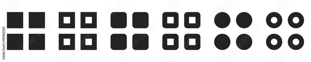 Two on two square application black isolated menu illustration set for UI. Vector icons in flat style Two on two square application black isolated menu illustration set for UI. Vector icons in flat style