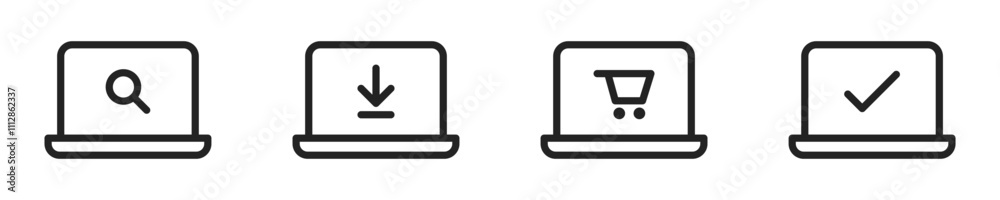 Laptop with download, purchase, search, tick buttons illustration for Web. Vector icons in flat style Laptop with download, purchase, search, tick buttons illustration for Web. Vector icons in flat style