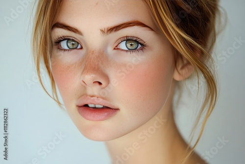 Close up of a woman with striking green eyes and natural makeup against a lig...