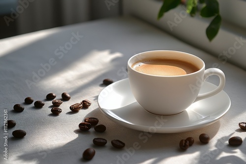 Warm coffee served in a textured white cup with saucer and coffee beans on a ...