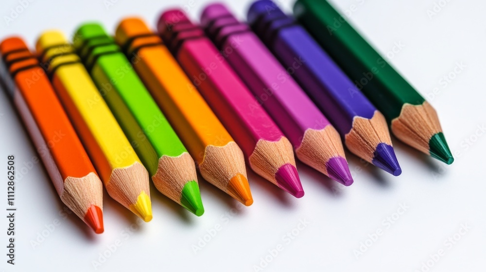 Colorful collection of crayons arranged neatly on a white background for artistic activities Colorful collection of crayons arranged neatly on a white background for artistic activities