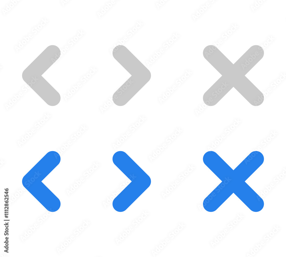 Navigation arrows buttons and x for User interface illustration set in 2 colors. Vector icons in flat style Navigation arrows buttons and x for User interface illustration set in 2 colors. Vector icons in flat style