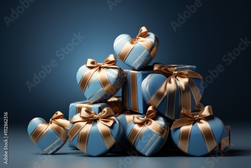 Blue and white gift box with heart shaped decor on a smooth surface