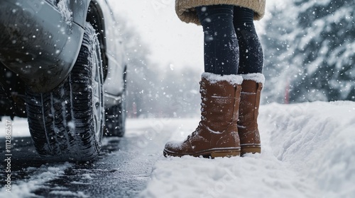 Winter's embrace.  Warm boots and a snowy scene.  Stay safe and warm during the cold season.