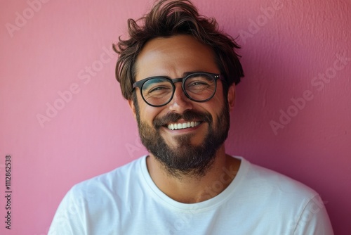 Smiling man with glasses in a casual outfit against a pink background