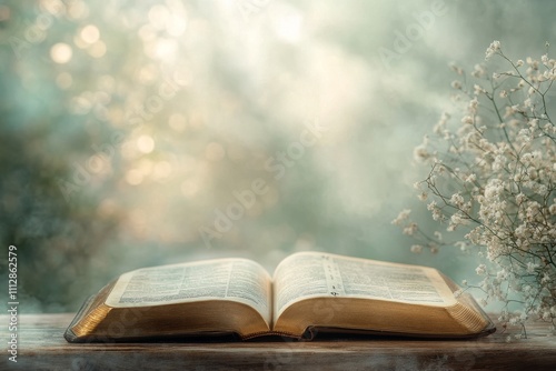 Open Bible with Cross in Rays of Light in a Quiet Room