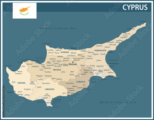 Cyprus Map Vector Vintage Dark Blue Beige - Customizable layered political map of Cyprus with administrative divisions for website, education, reports, news, politics, print, poster and wallpaper