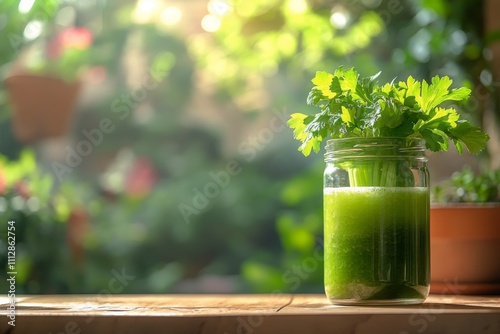 Refreshing green drink in a jar with celery on a wooden table during daytime
